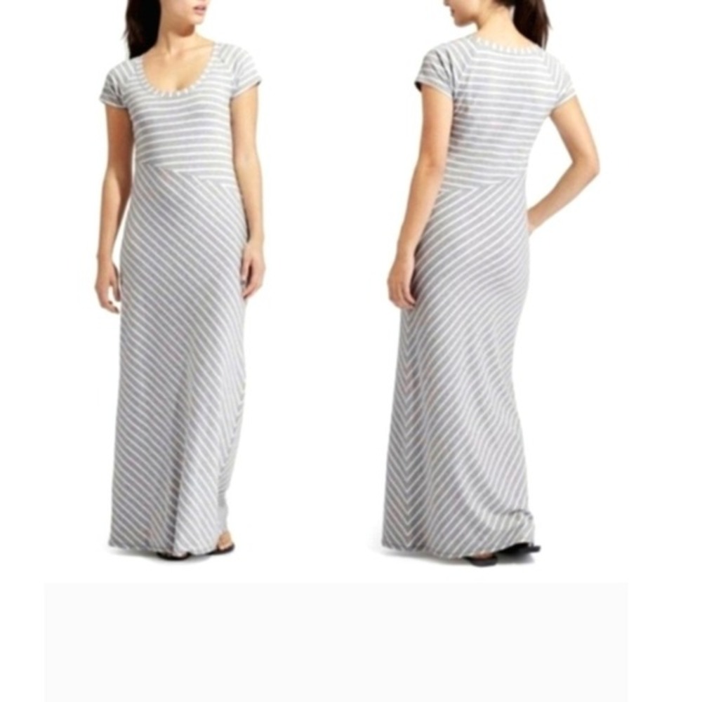 Athleta Gray‎ White Stripe Maxi Dress T Shirt Style Short Sleeve Casual Size S